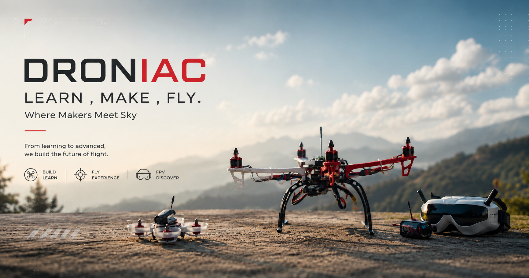 DRONIAC drone education banner with drones and flying gear