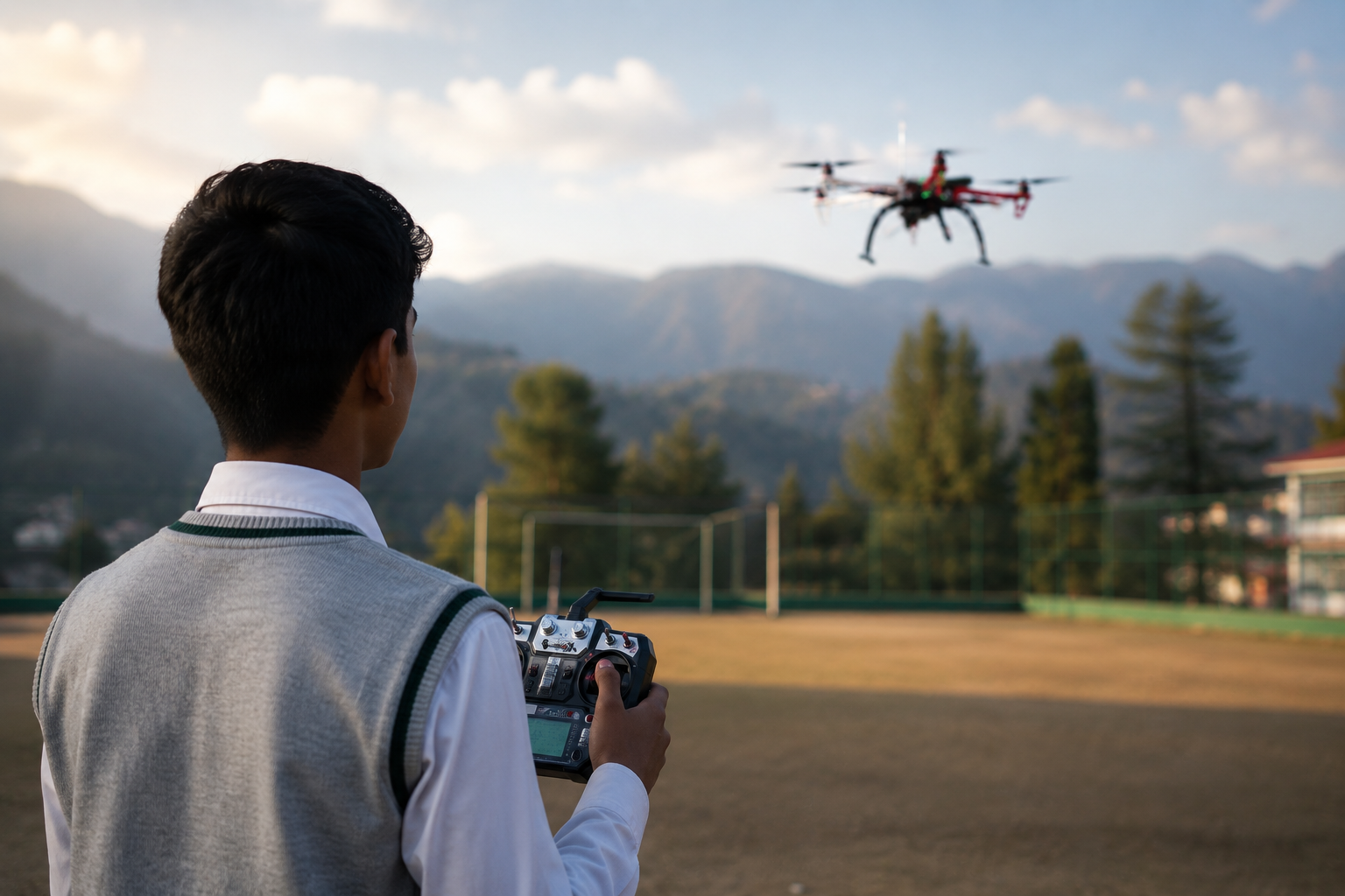 Student flying a drone outdoors with a controller