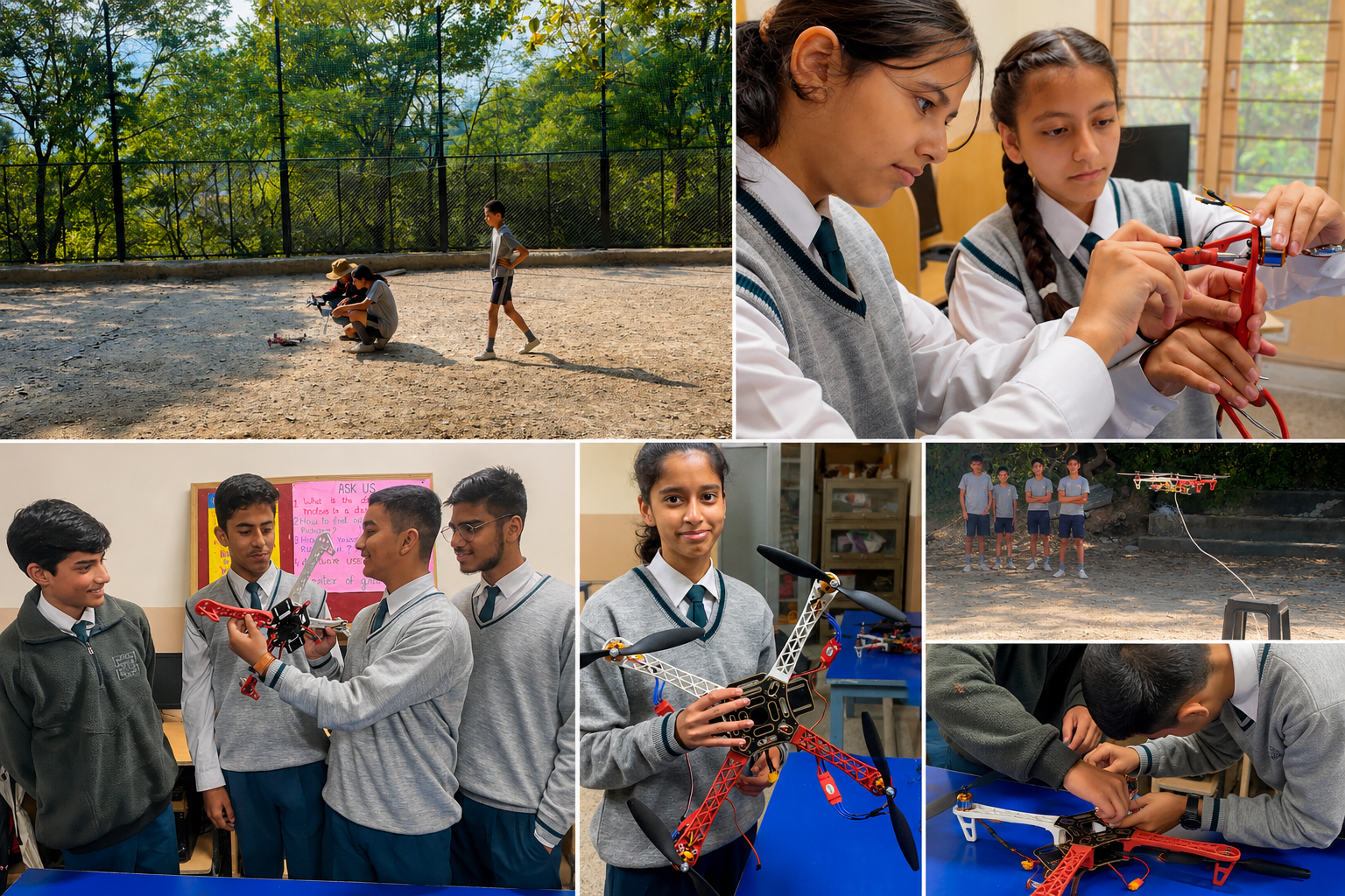 Collage of students building and flying drones