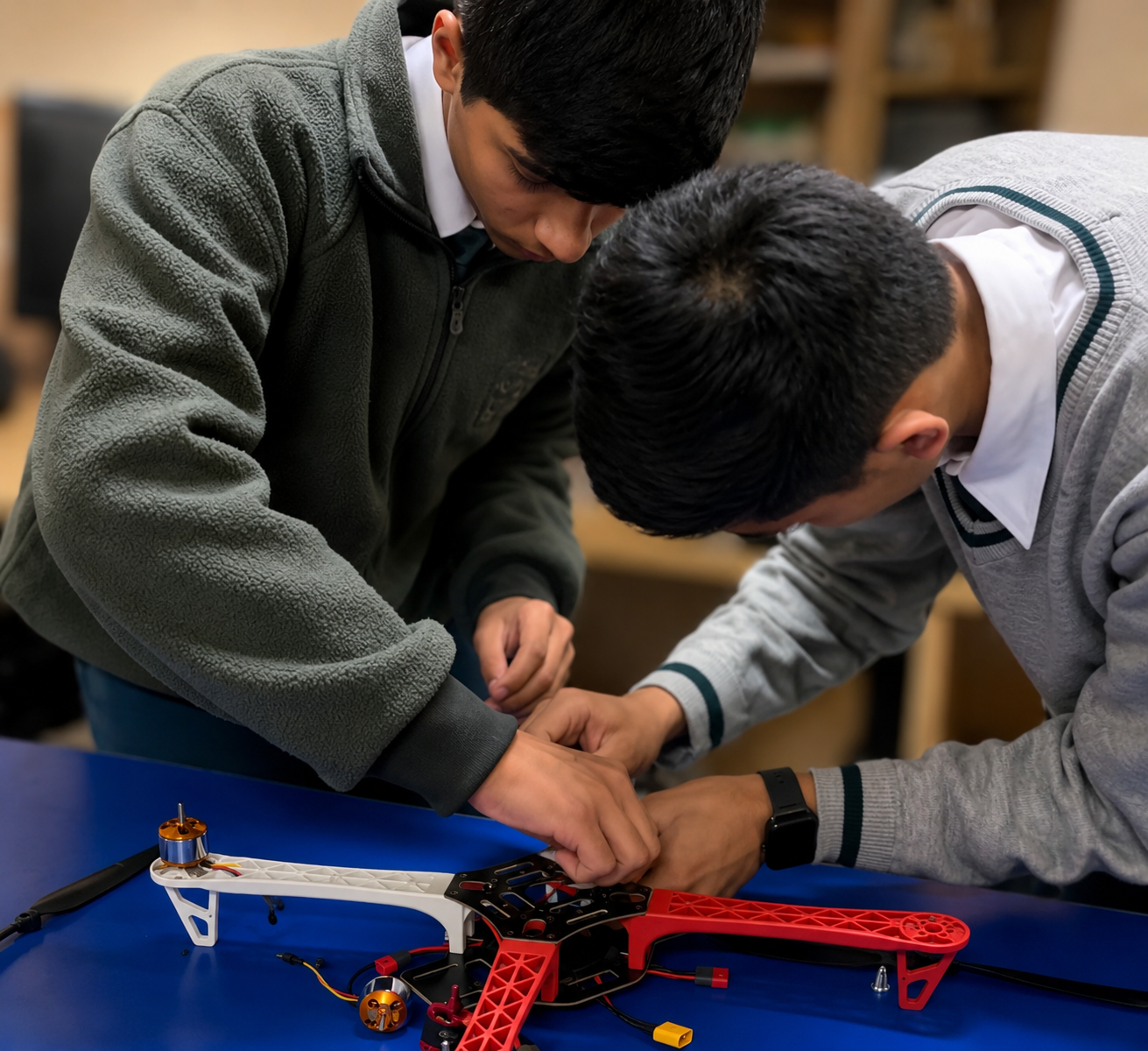 Students assembling a drone frame in a workshop