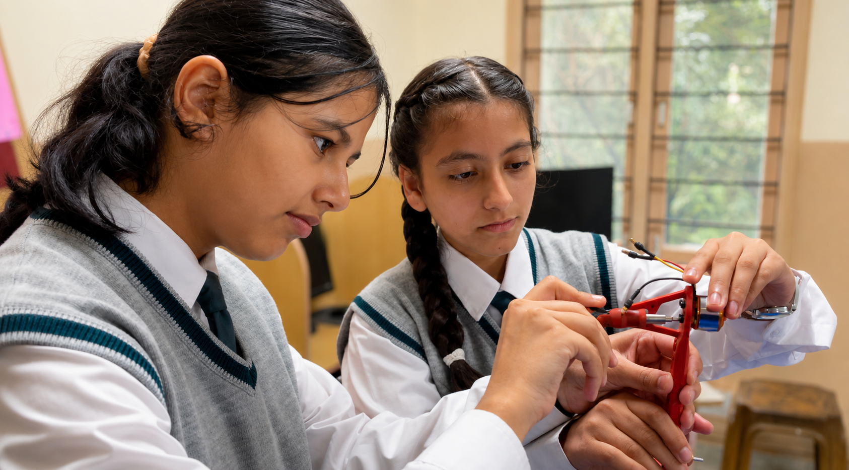 Students carefully assembling drone parts in class