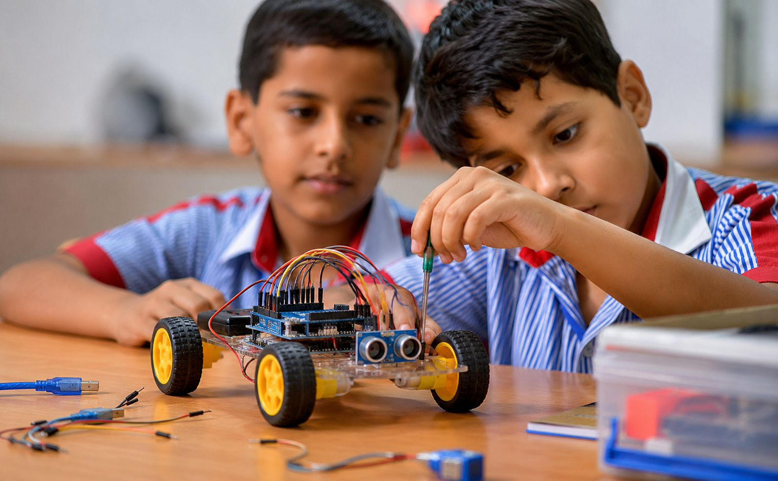 Students building and testing a sensor-based robot