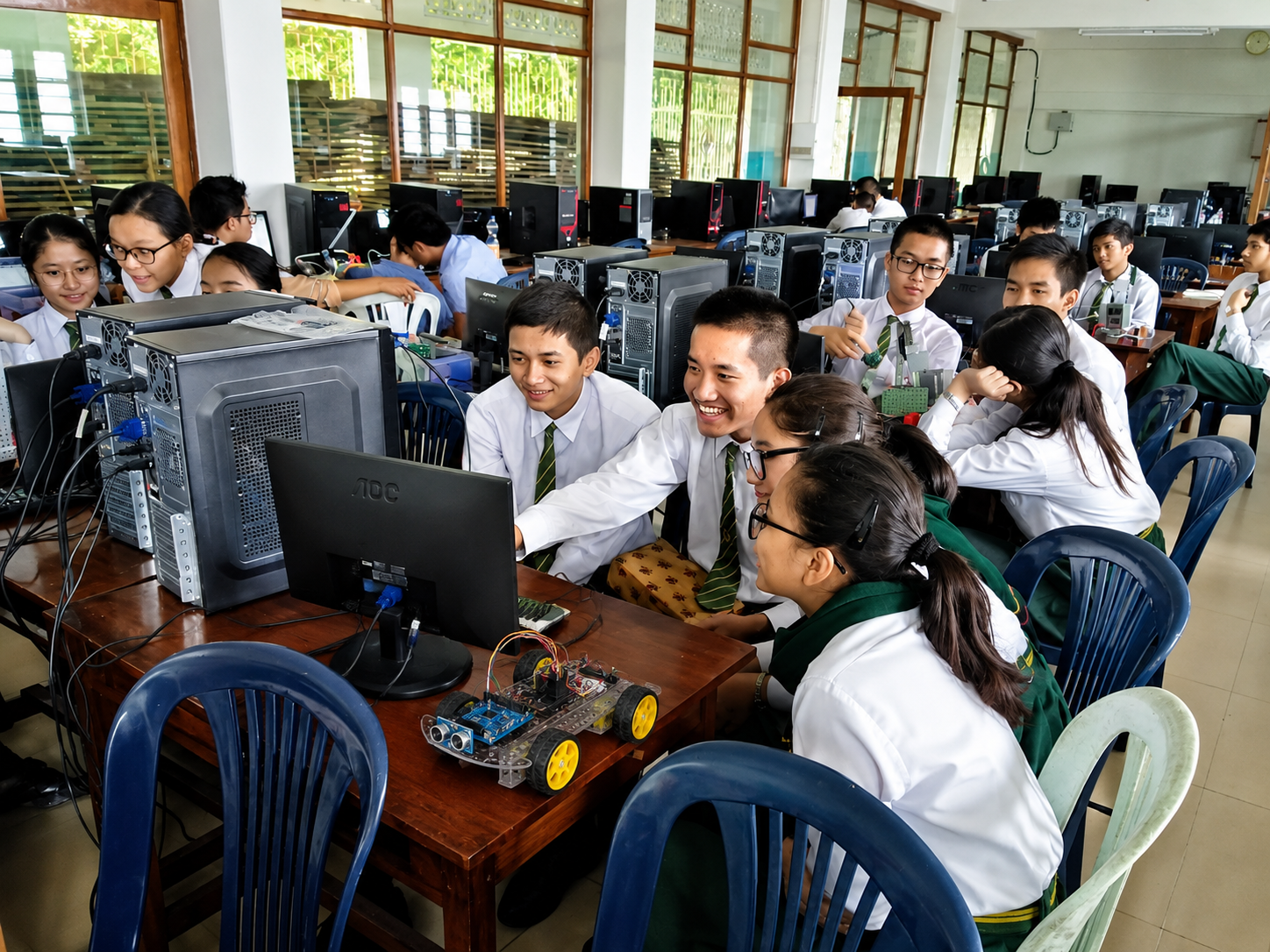 Students collaborating in a robotics lab